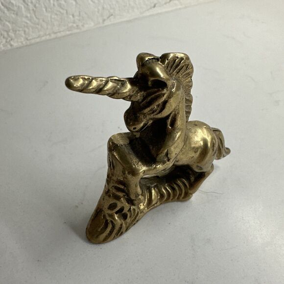 Solid Brass Vintage Miniature Unicorn Figurine Paperweight Decoration Mythical - Picture 1 of 14